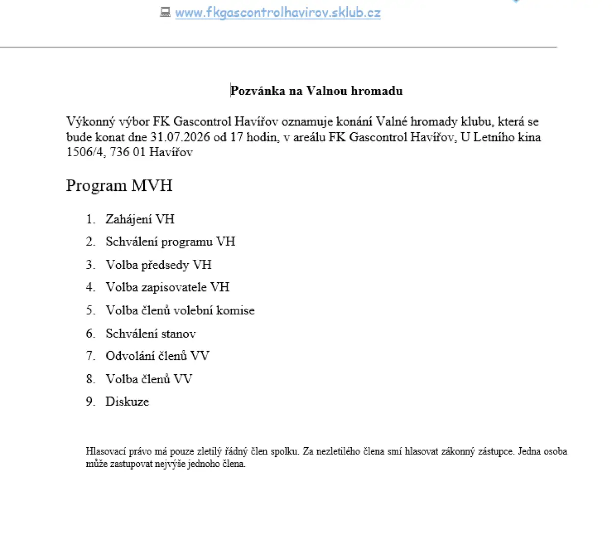 Pozvánka na Valnou hromadu