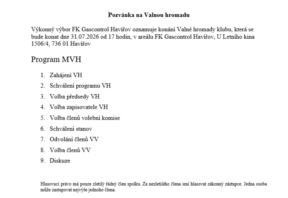 Pozvánka na Valnou hromadu