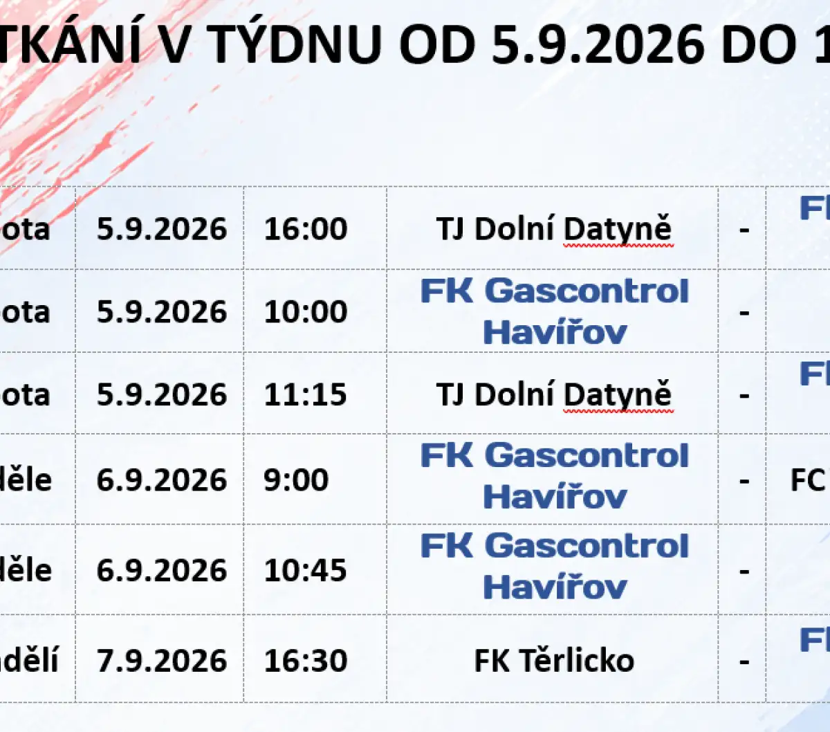 Plán mistrovských utkání od 5.9.2026 - 10.9.2026